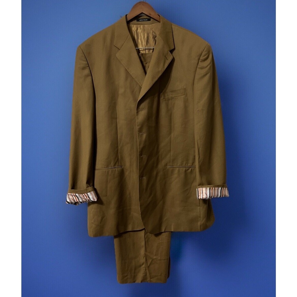 Y2K‎ 90s FUBU Mens 46L Blazer 40 Pants Player 2 Pc Suit Golden Brown Pinstripe